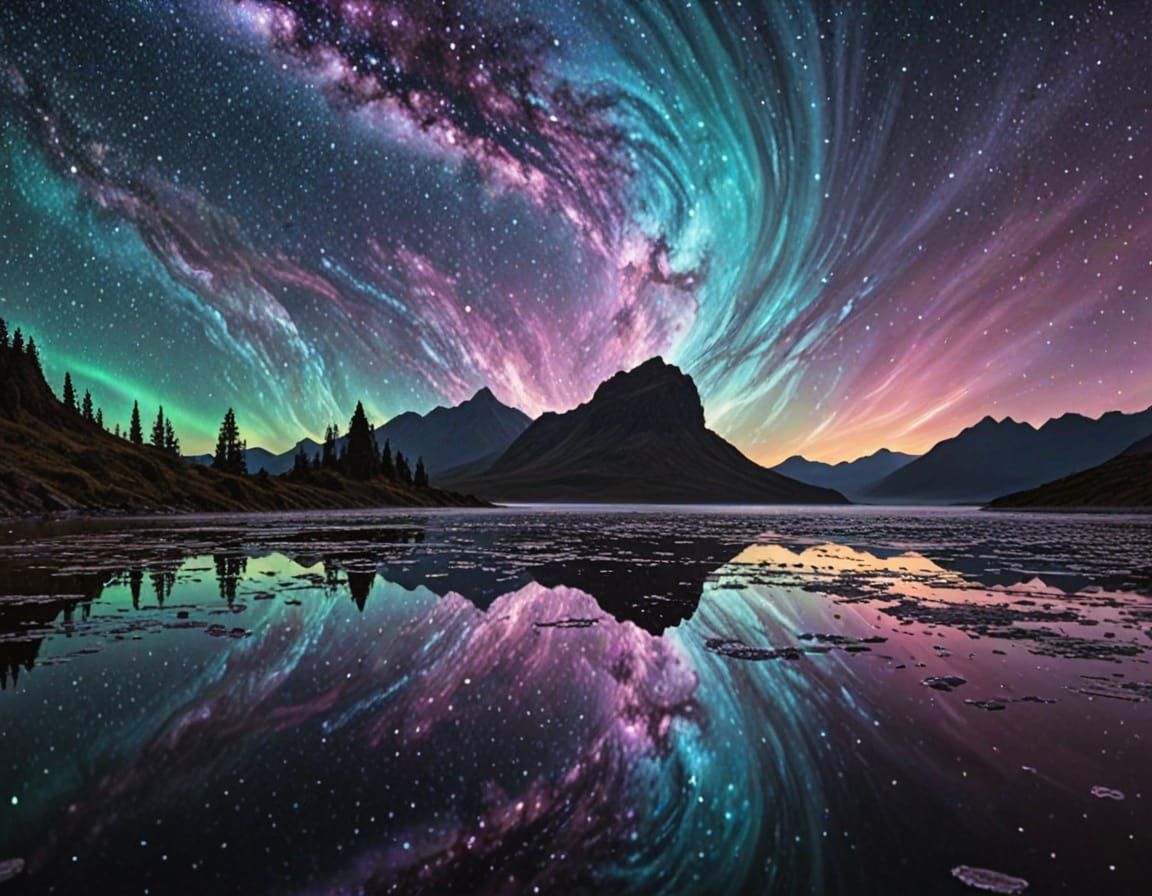Surreal Cosmic Storm Over Crystalline Landscape