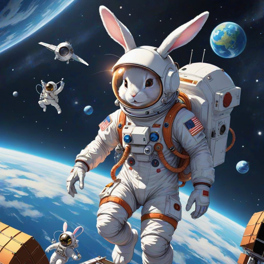 Surreal Bunny Astronaut in Spacewalk toward Satellite, in An...