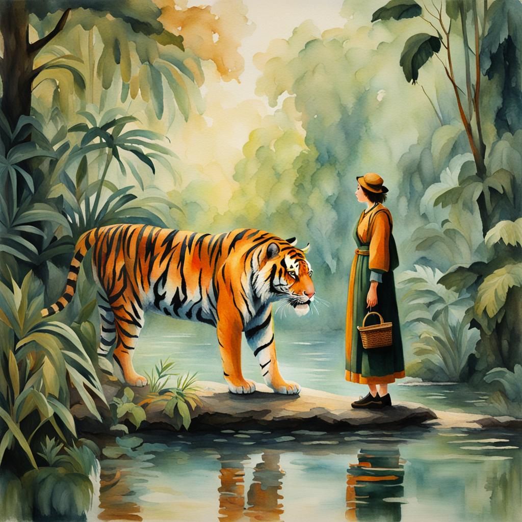 Romantic Tiger and Woman in Jungle Watercolor