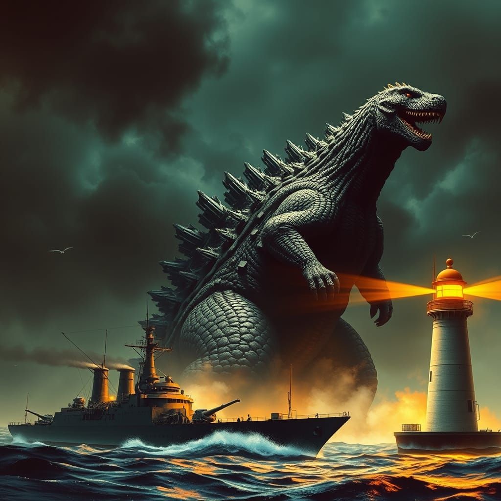 Godzilla Towers Over Warship in Apocalyptic Landscape