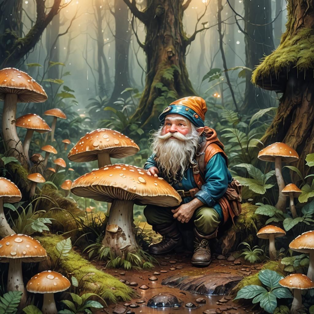 Dwarf Shelters Under Giant Mushroom in Watercolor Style