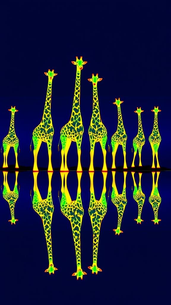 Mirrored Giraffes in Neon Hues, a Symmetrical Futuristic Scr...