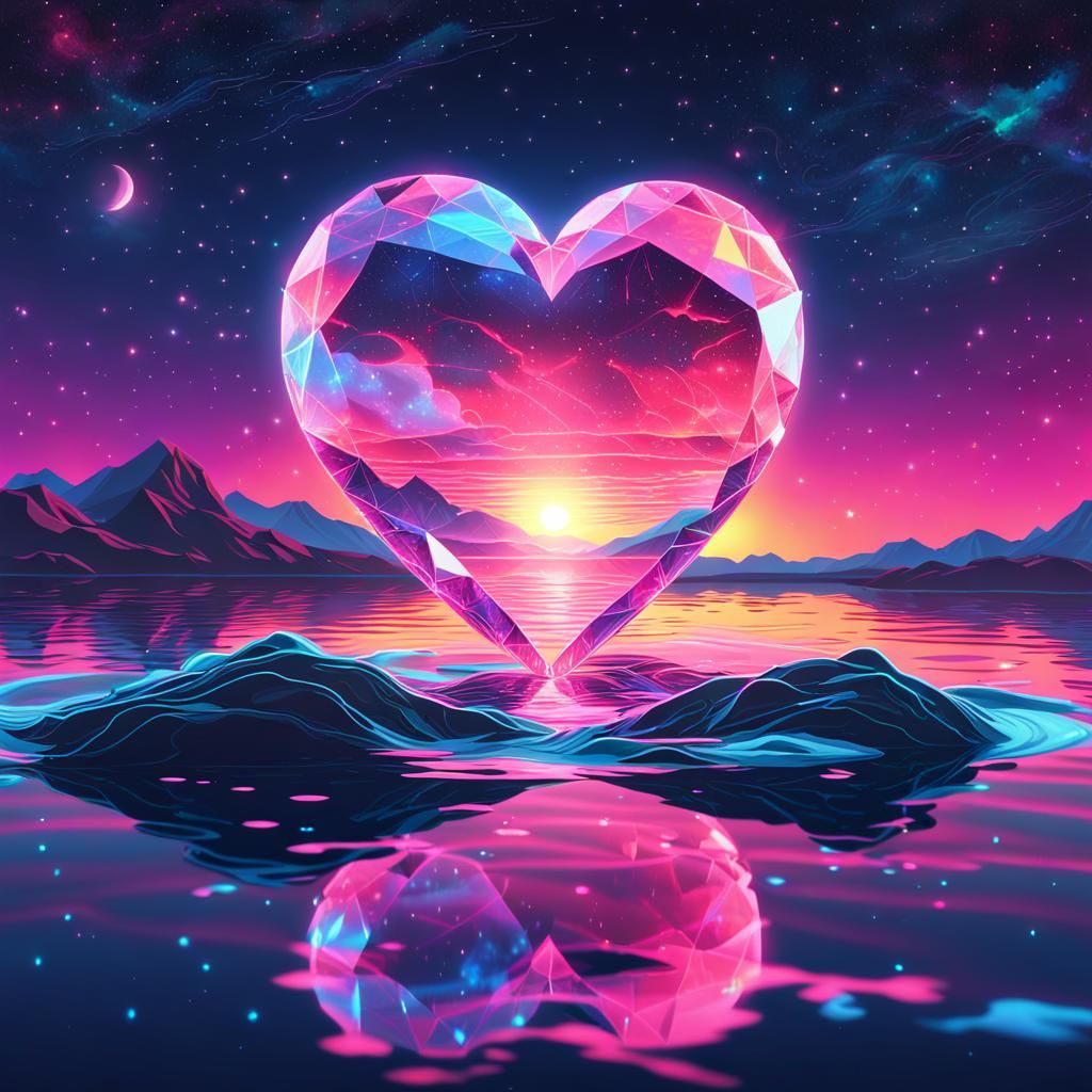 Glowing Crystal Heart in Synthwave Neon Retro Style