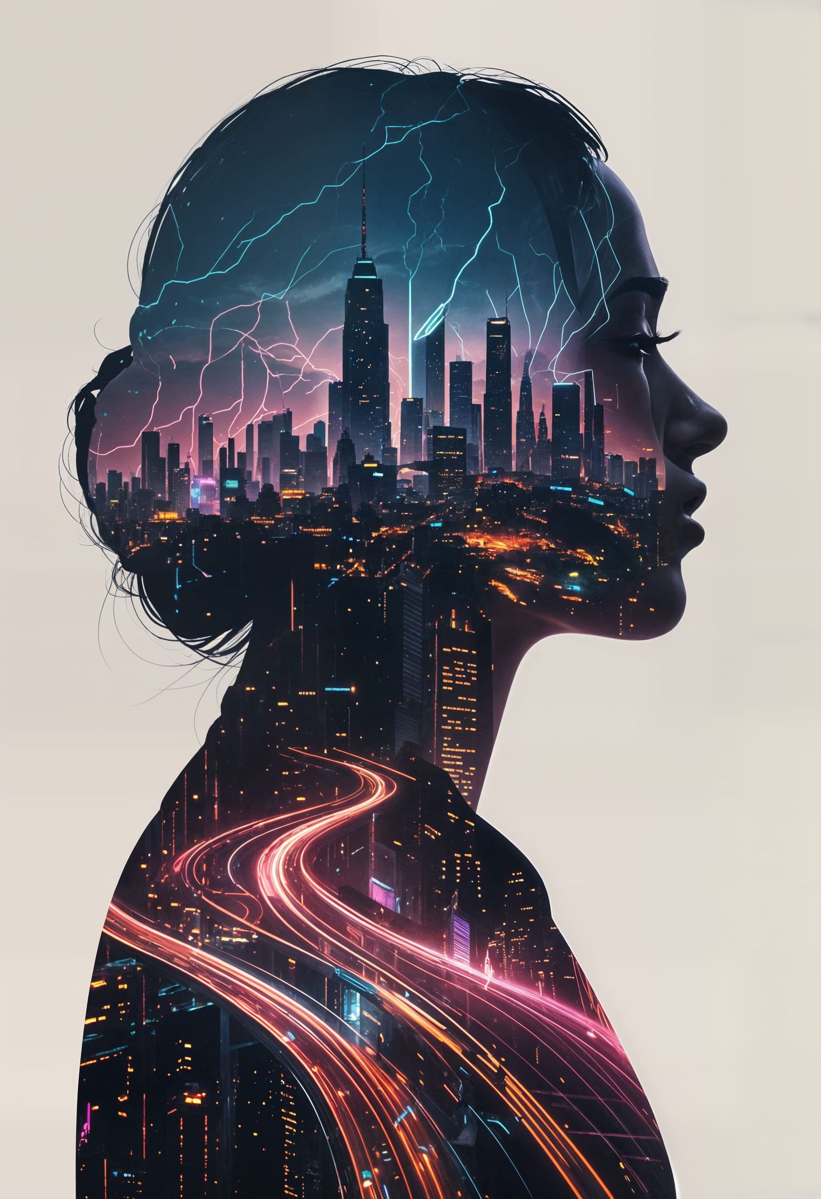 Futuristic City Silhouette Blended with Neon Lights