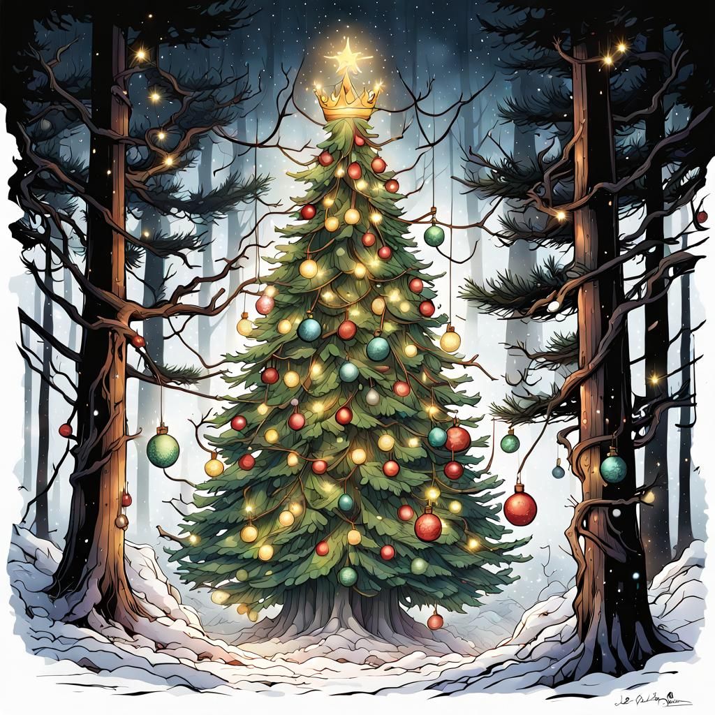 Cartoon Pine Tree Strangled by Christmas Lights