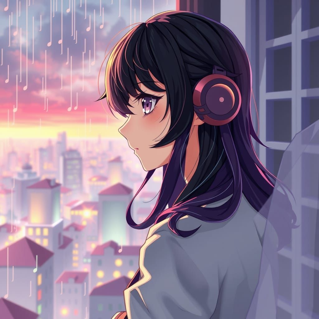 Anime Girl Listening to the Rainy City