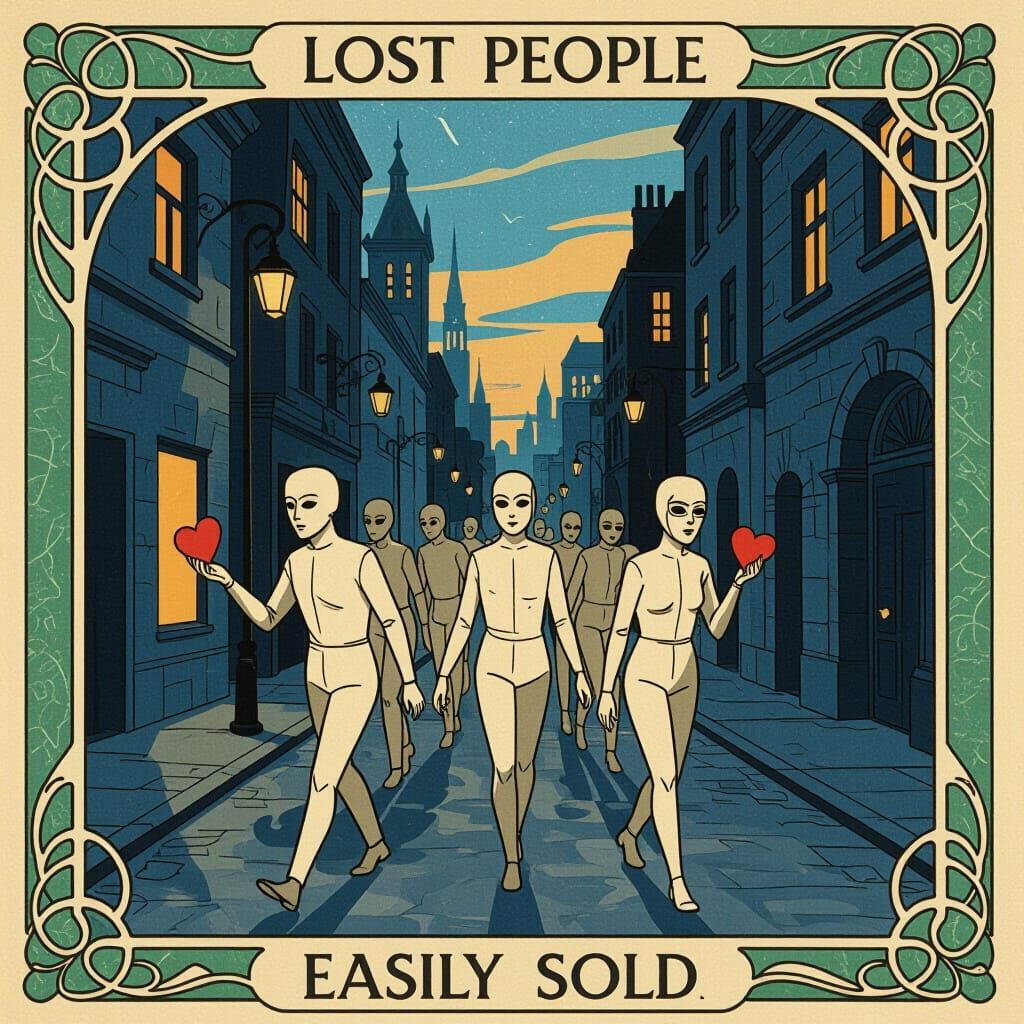 Art Nouveau Paper People in Shadowy City