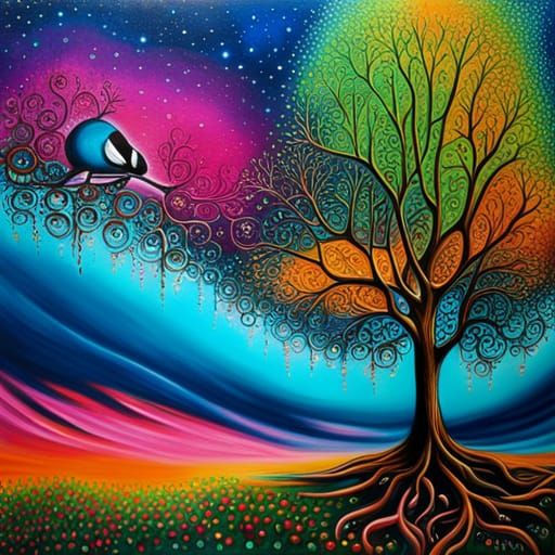 Colorful Magpies and Bubbles in Graffiti Art