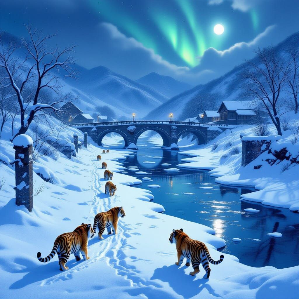 Majestic Tigers on Snowy Border in Moonlight
