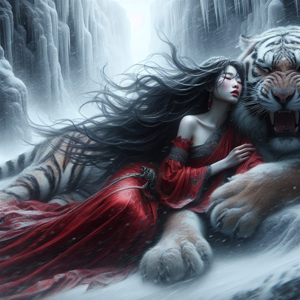 Asian Woman and Tiger in Snowstorm: Matte Painting