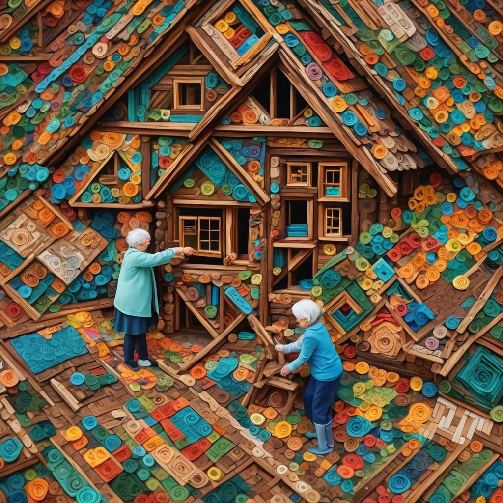 Grandmother and Granddaughter Making a Log Cabin Quilt