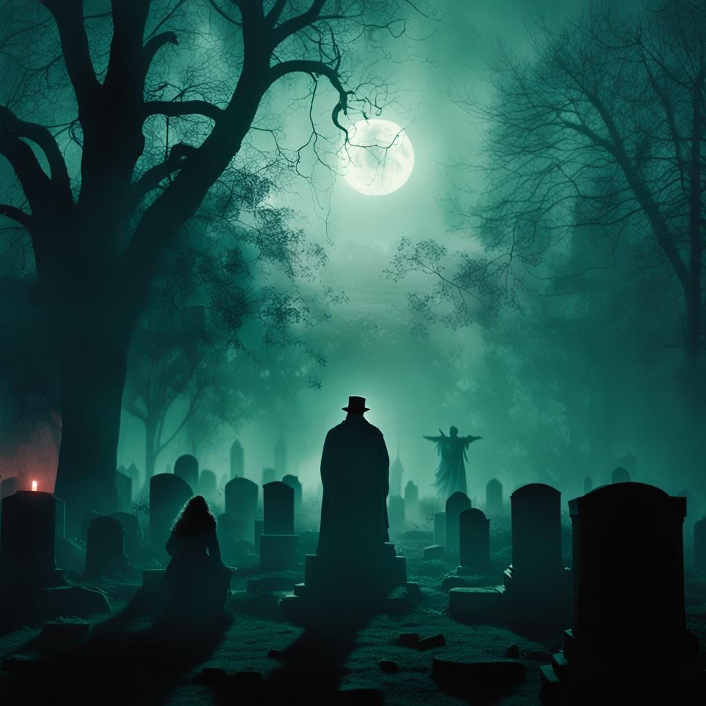 Eerie Graveyard Scene in Film Noir Style