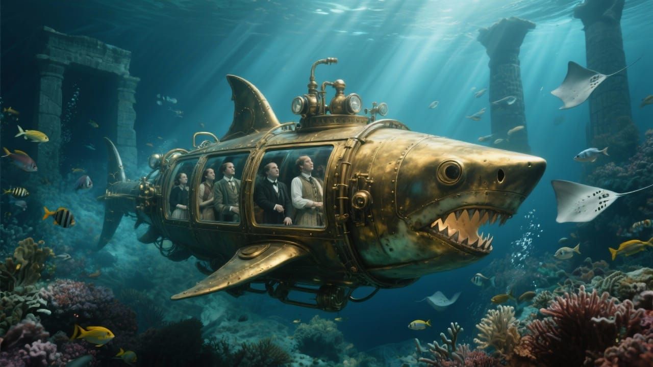 Steampunk Shark Submarine Explores Sunken Egyptian Ruins