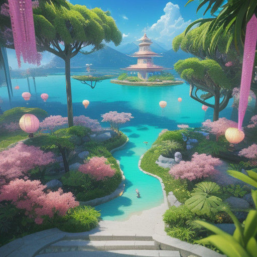 Surreal Anime-Inspired Paradise in Pastel Colors