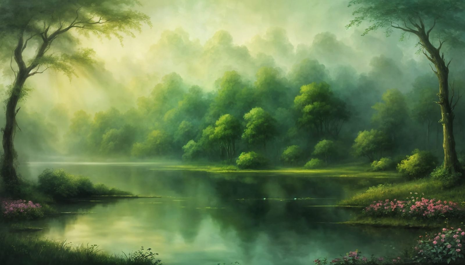 Misty Lake Forest Oil Painting with Glowing Flowers