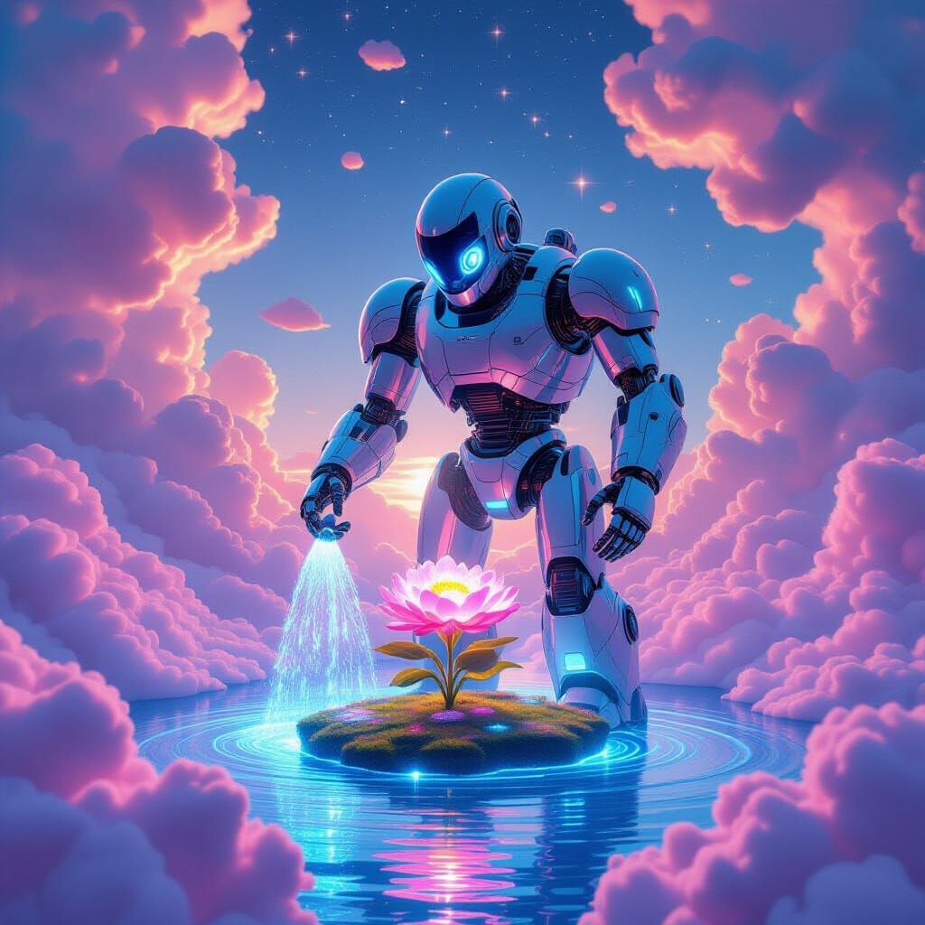 Dreamlike Robot Waters Star River in Cotton Candy Clouds