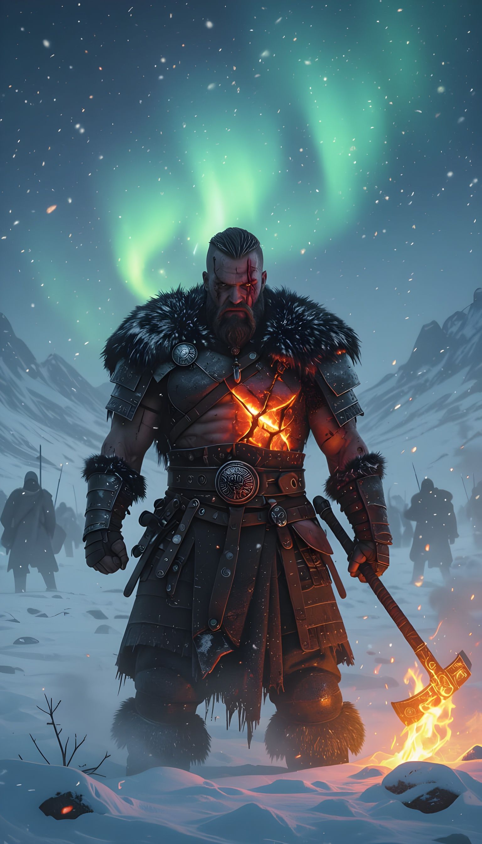 Fiery Viking Warrior on Snowy Battlefield