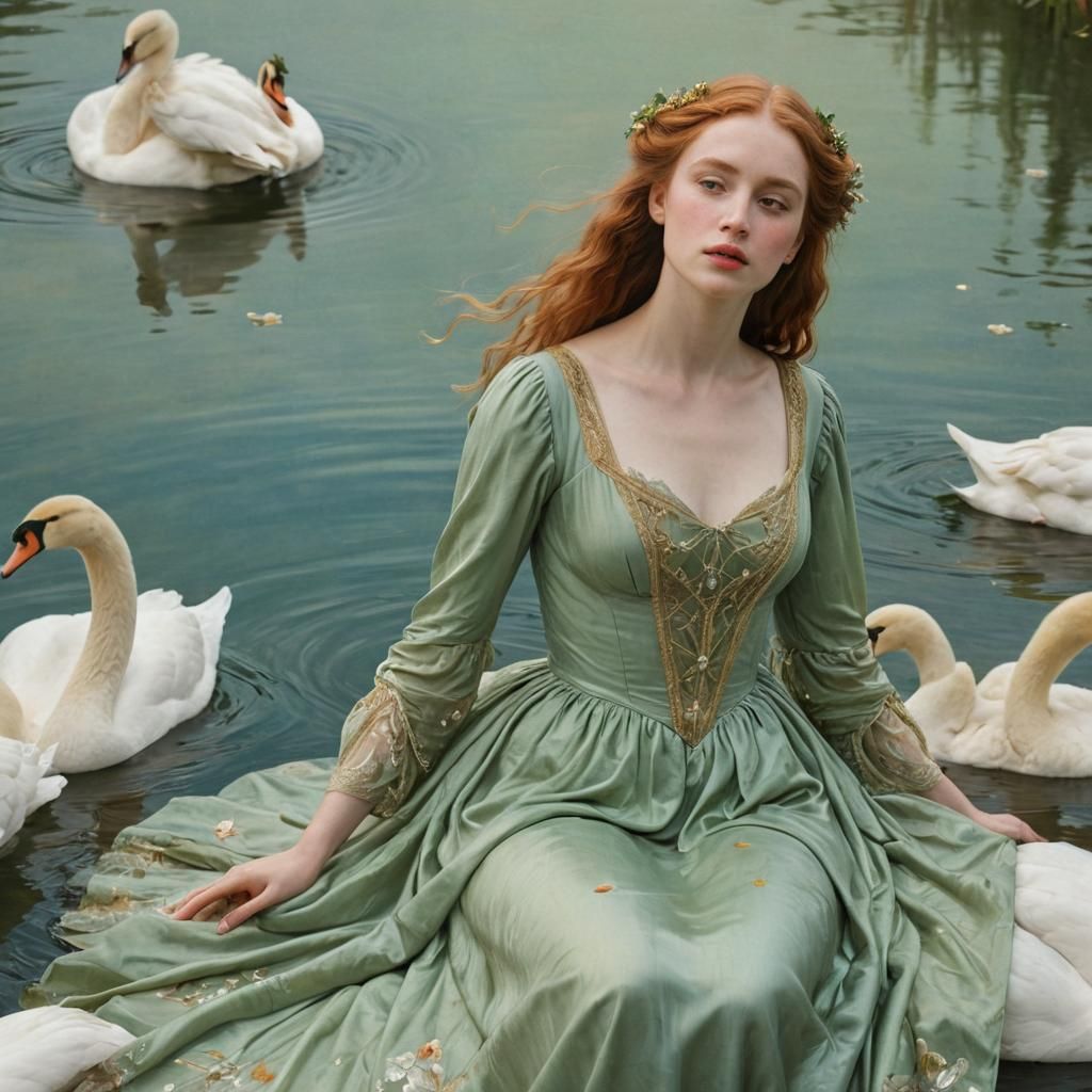 Ophelia and Swans: A Pre-Raphaelite Painting