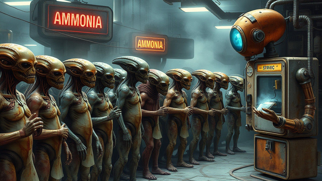 Aliens Queueing at Retro Ammonia Filling Station