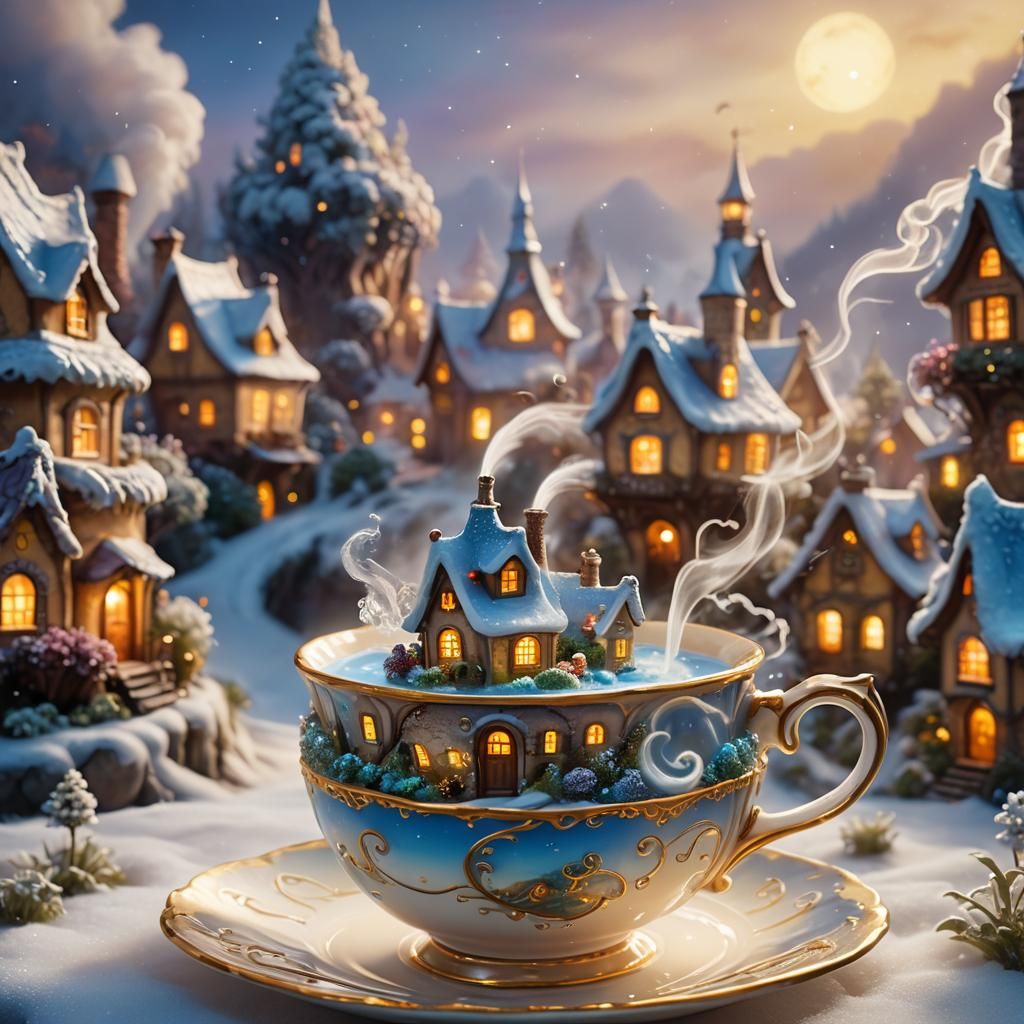 Enchanting Village Inside Teacup: Whimsical Macro Fantasy