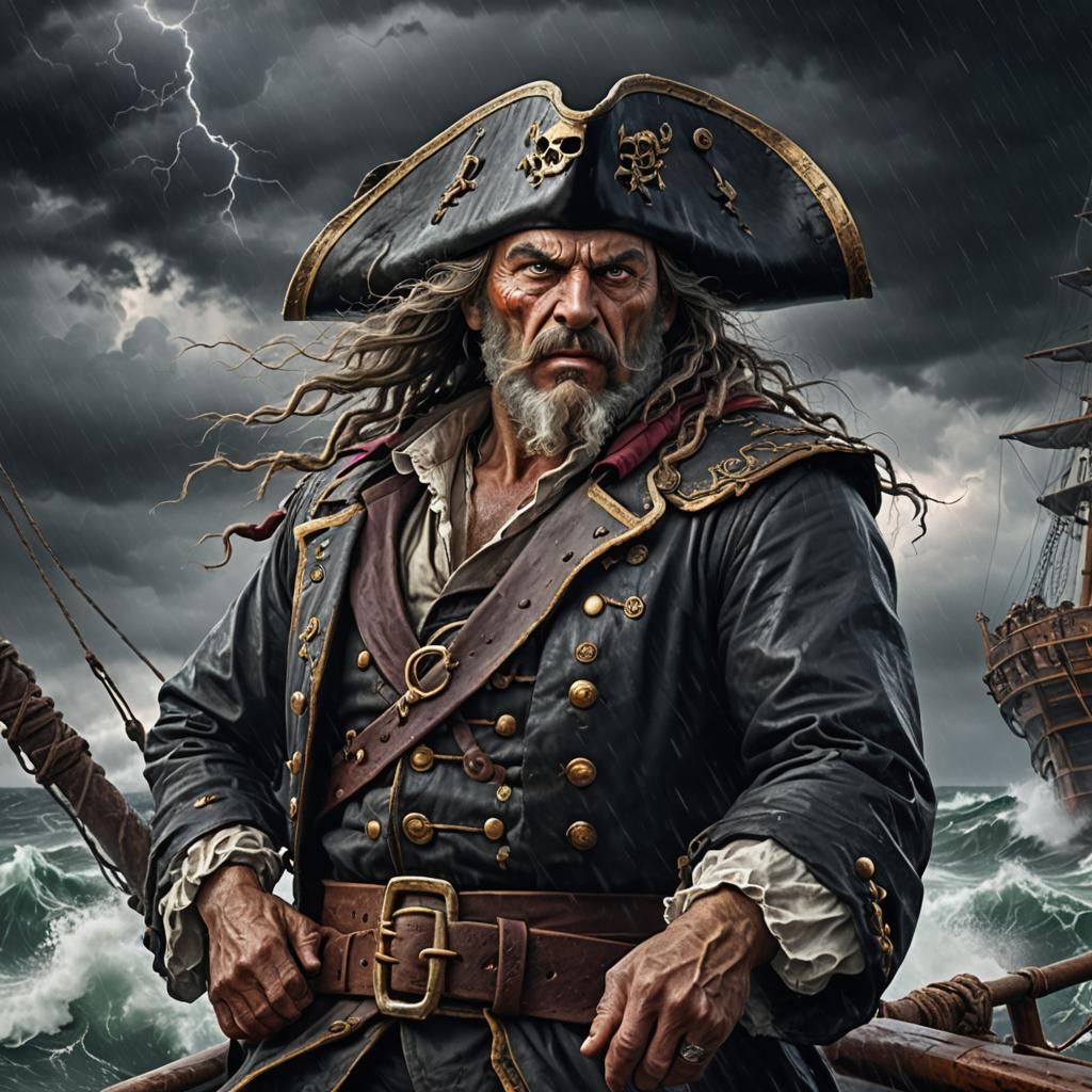 Fearsome Pirate Captain Navigating Stormy Seas