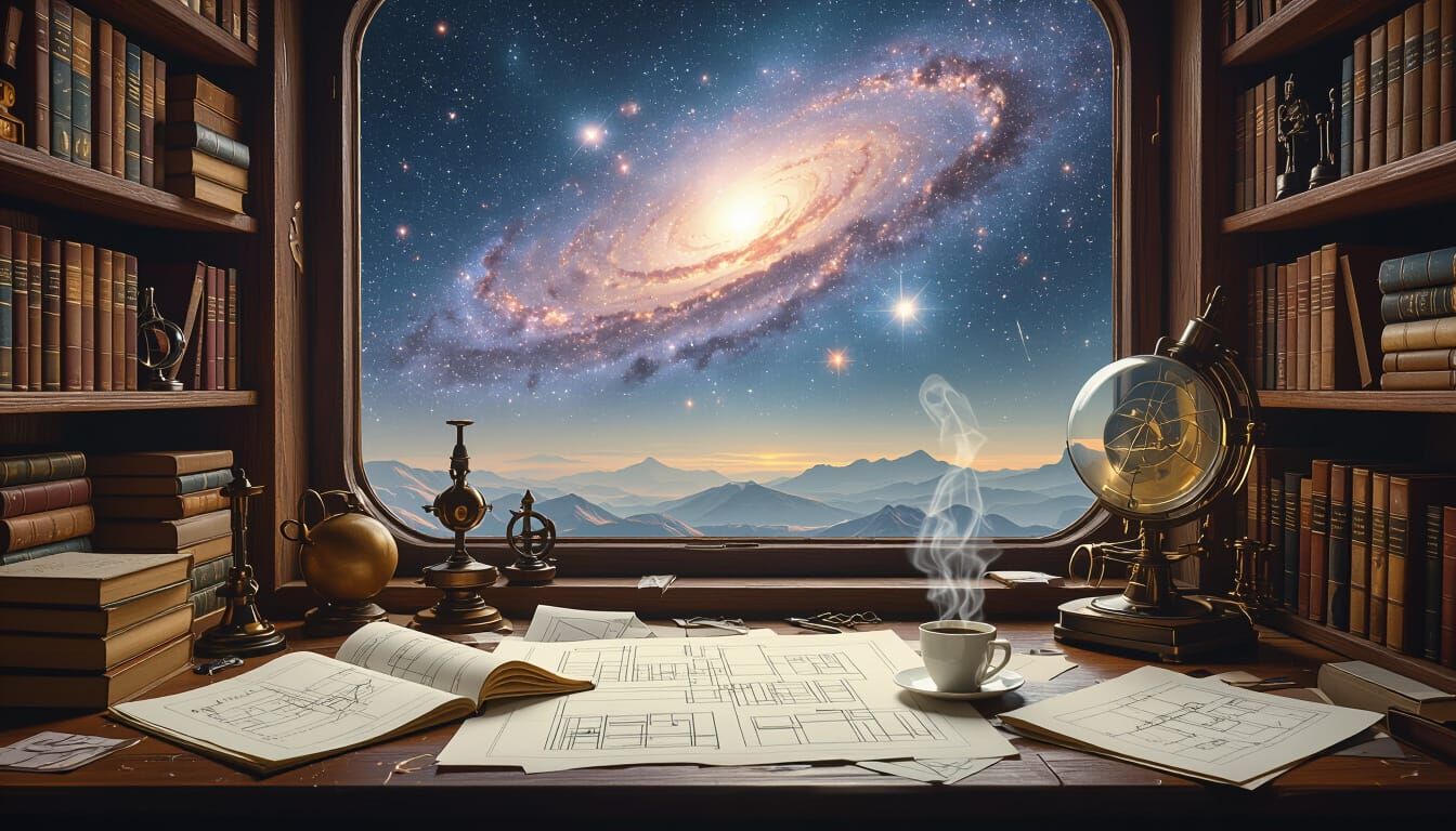 Galaxy View from Cluttered Workspace in Digital Art Style