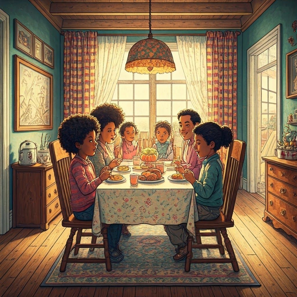 Cheerful Family Feast in Crayon Style