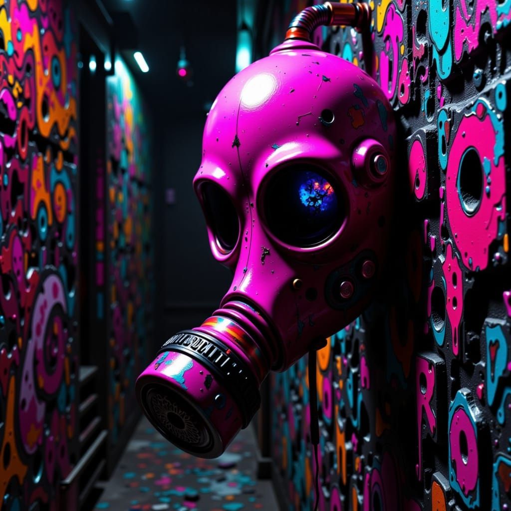 Pink Jawbone Gas Mask in Graffiti Alley, Noir Lighting