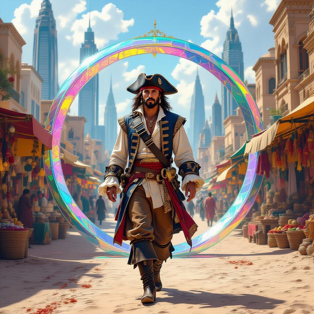 Pirate Captain Crossing Worlds in Futuristic Style