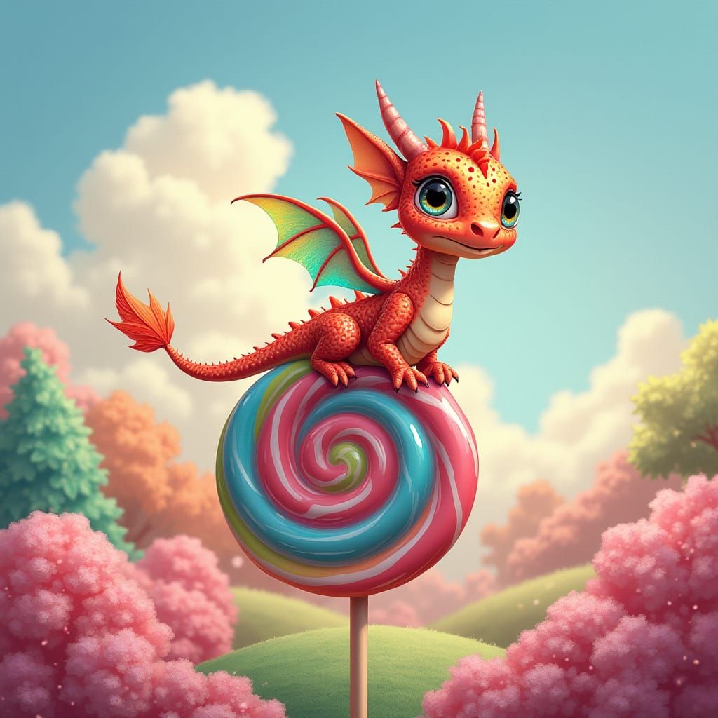 Whimsical Baby Dragon on Giant Lollipop, Candy Landscape