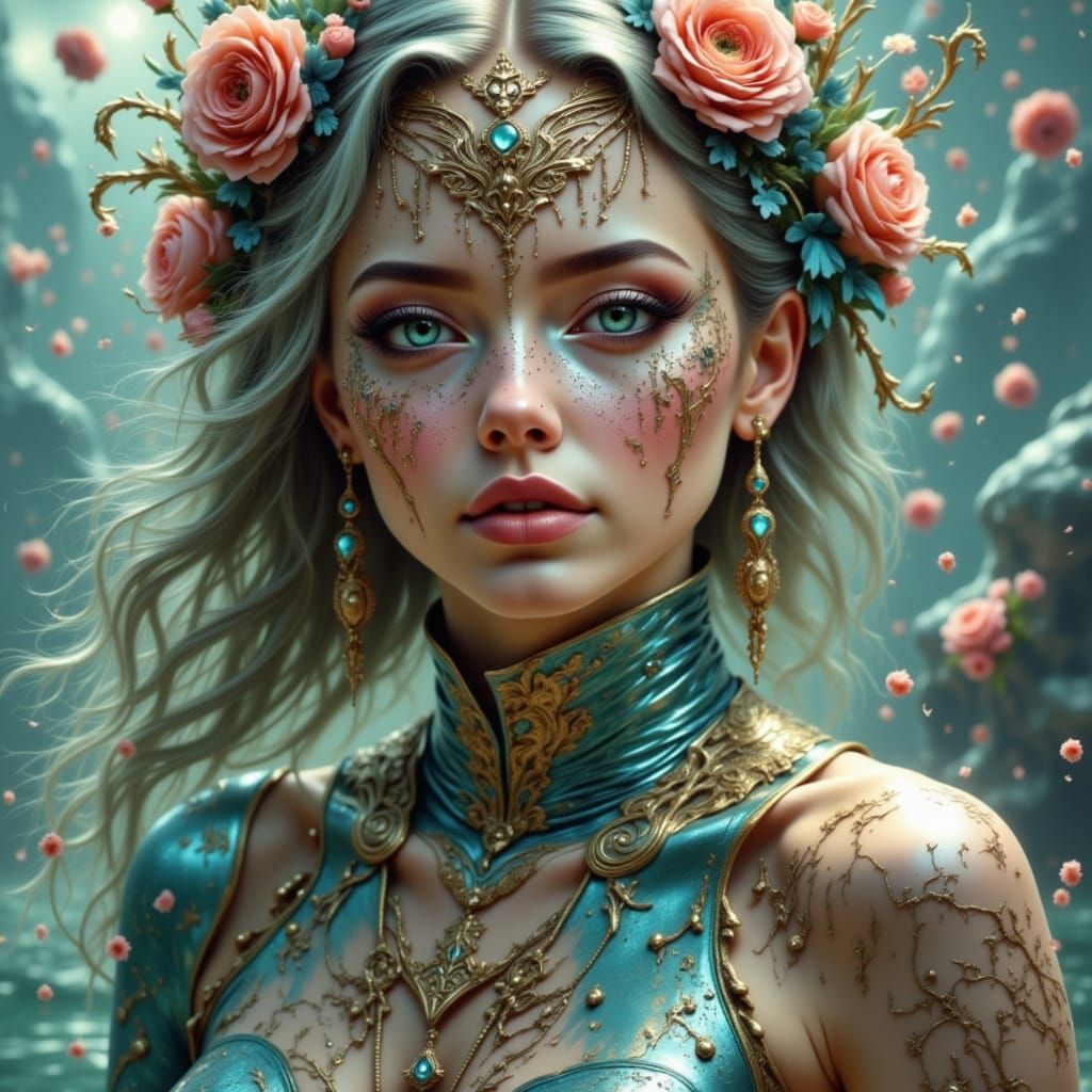 Sensual Sci-Fi Mermaid Amidst Celestial Flames