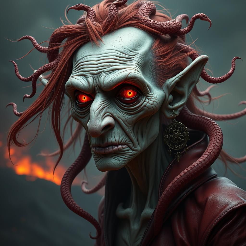 Nightmarish Crone with Glowing Eyes and Snake Hair