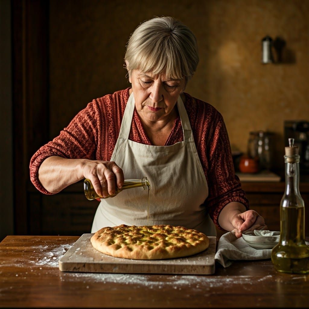 Warm Italian Kitchen Scene with Focaccia and Olive Oil