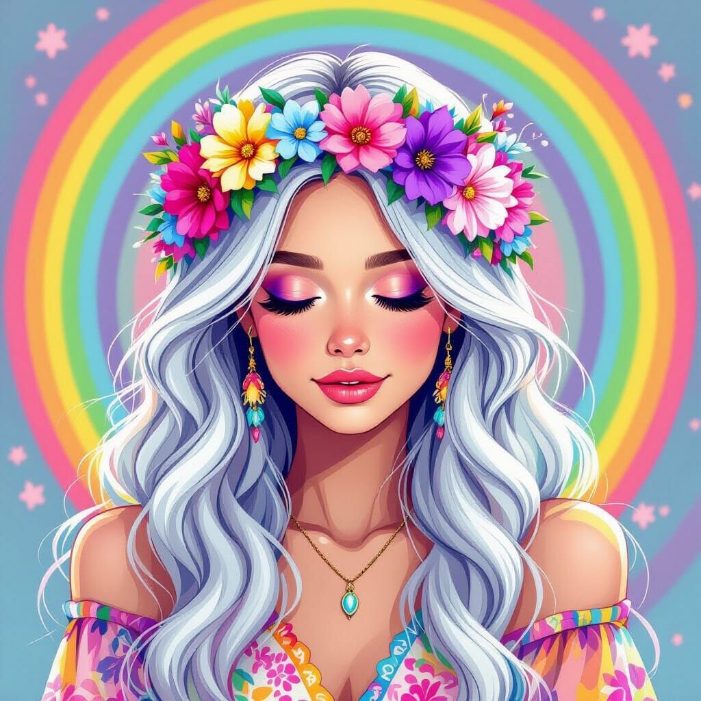Blue-Skinned Woman with Floral Crown in Digital Art Style