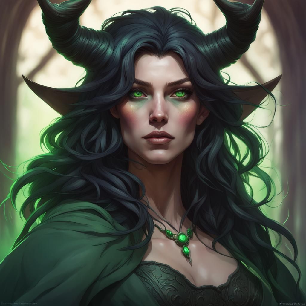 Green-Eyed Horned Witch Portrait in Digital Art Style