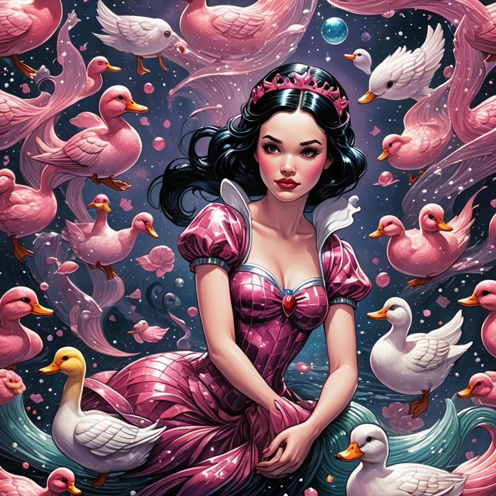 Snow White Space Mermaid with Ducks, Comic Book Art