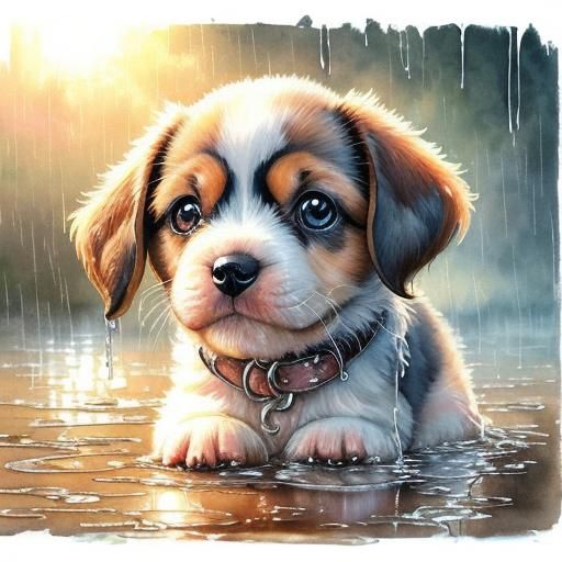 Sad Puppy in Rain: Watercolor Photorealistic Painting