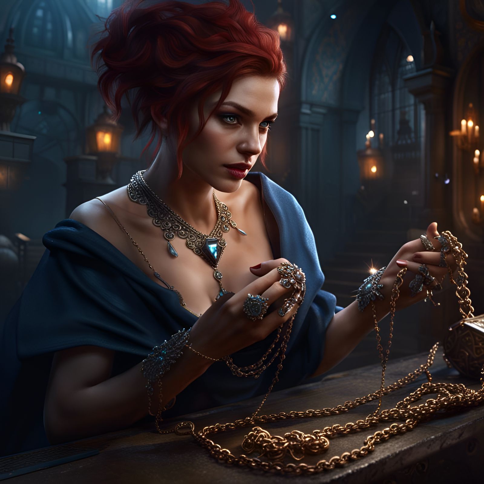 Female Thief Stealing Necklace: Detailed Digital Art