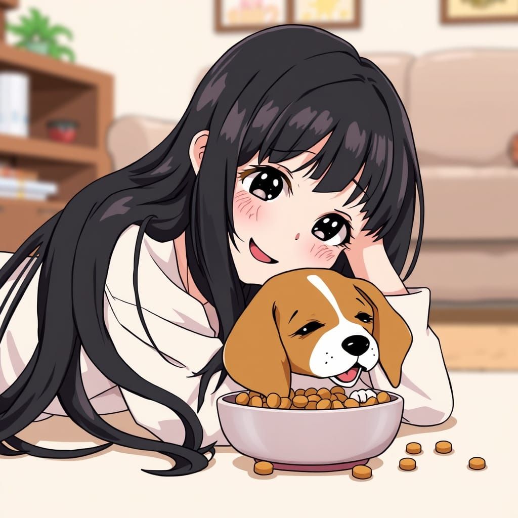 Serene Girl Adores Beagle in Vibrant Japanese Manga Style