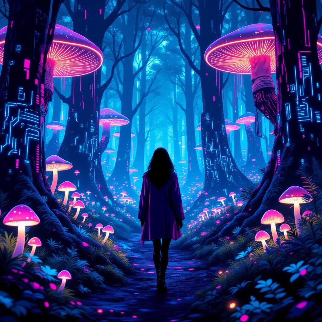 Woman in Neon Forest with Circuitry Trees