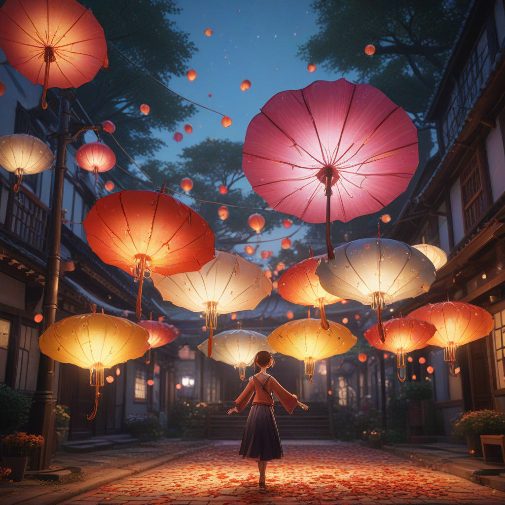 Vibrant Anime Umbrella Dance in Whimsical 3D Art