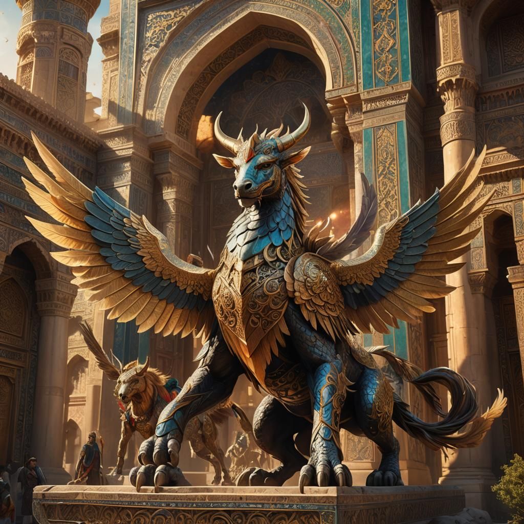 Winged Mythical Creatures in Ancient Persian Style