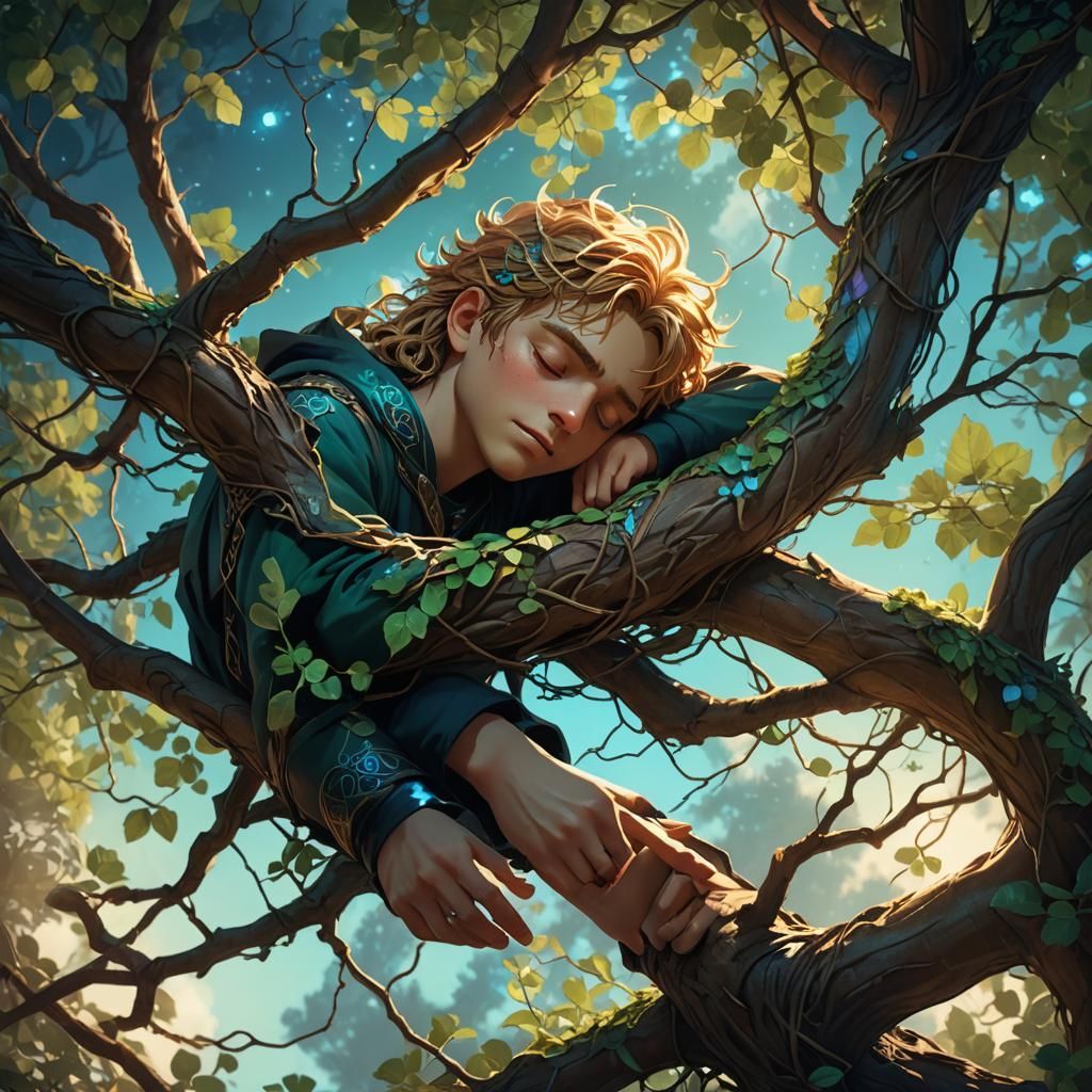 Person Sleeping on Tree Branch: Fantasy Concept Art