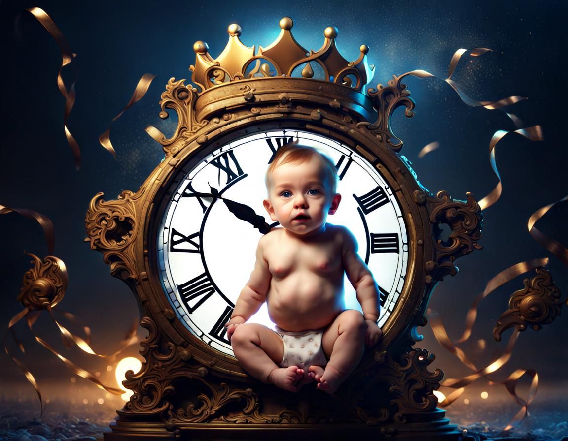 Baby New Year Rides a Clock, Digital Art