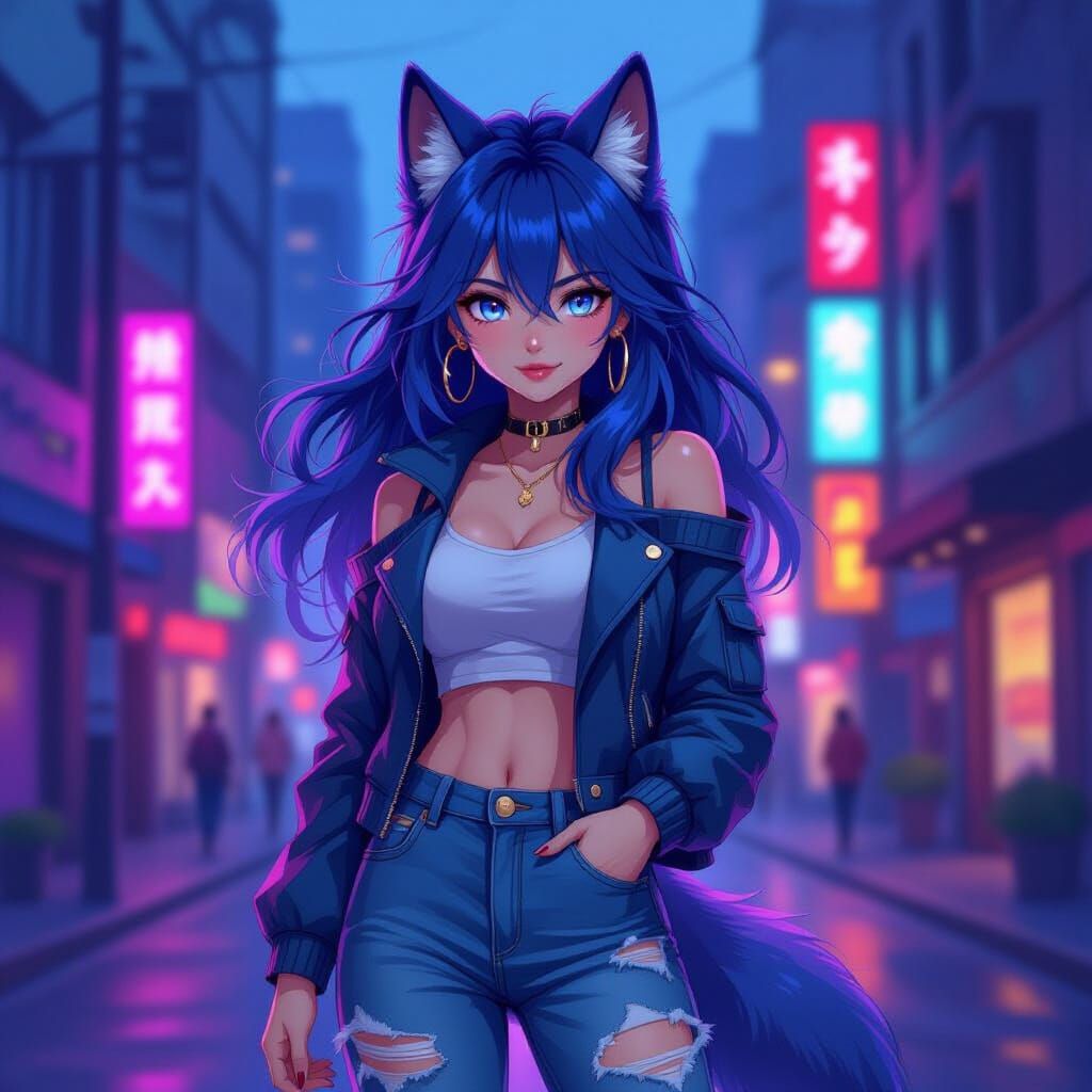 Anime Wolf-Woman in Neon City at Dusk