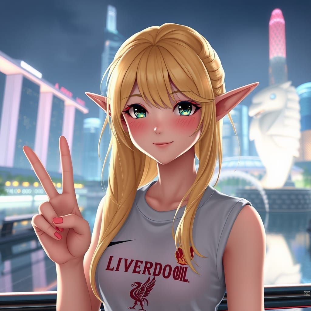 Elf Woman in Futuristic Singapore, Anime Style