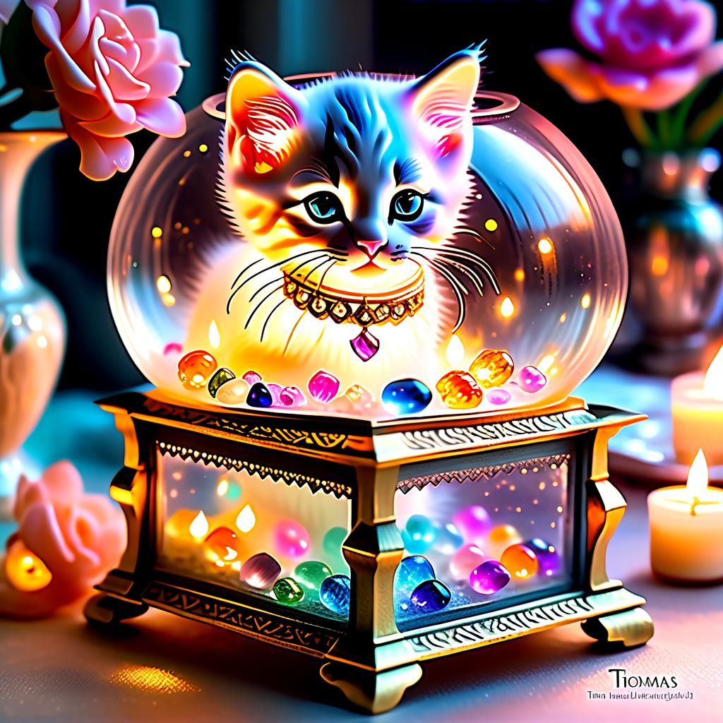 Kitten in Jeweled Box with Lantern Light