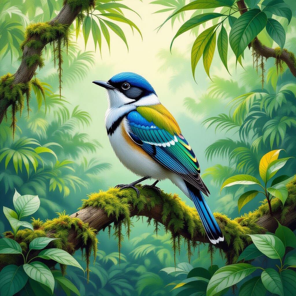 Kauaʻi ʻōʻō Bird in Audubon-Inspired Wildlife Illustration