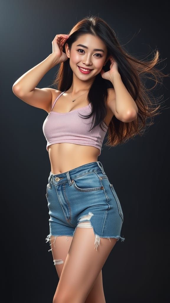 Beautiful Korean Woman Posing in Crop Top and Jeans