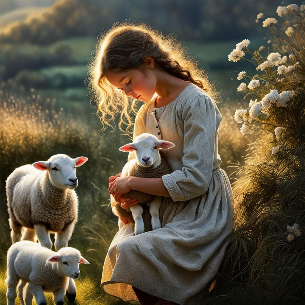 Girl with Lamb in Morning Light, Detailed Artwork